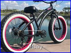 Aluminum Fat Tire Bike Beach Cruiser Sikk 7 SPEED Flat Black PINK Wheels