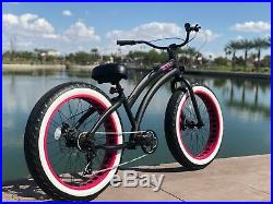 Aluminum Fat Tire Bike Beach Cruiser Sikk 7 SPEED Flat Black PINK Wheels