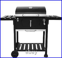 Black Charcoal Grill BBQ Trolley Wheels Two Arm Garden Smoker Shelf Side Steel