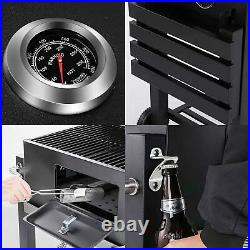 Black Charcoal Grill BBQ Trolley Wheels Two Arm Garden Smoker Shelf Side Steel