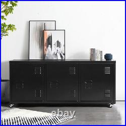 Black Sideboard 3 Door Cupboard Modern Metal Storage Cabinet TV Stand wwith Wheels