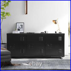 Black Sideboard 3 Door Cupboard Modern Metal Storage Cabinet TV Stand wwith Wheels