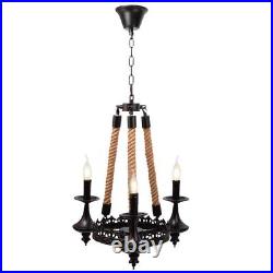 Farmhouse Rustic Matte Black Hemp Rope Wagon Wheel Chandelier Ceiling Light