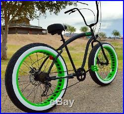 Fat Tire Beach Cruiser Bike Flat Black w Green Wheels 7 SPEED-CUTOUT RIMS