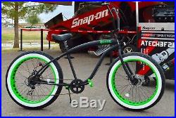 Fat Tire Beach Cruiser Bike Flat Black w Green Wheels 7 SPEED-CUTOUT RIMS