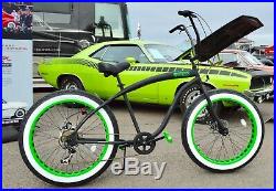 Fat Tire Beach Cruiser Bike Flat Black w Green Wheels 7 SPEED-CUTOUT RIMS