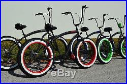 Fat Tire Beach Cruiser Bike Flat Black w Green Wheels 7 SPEED-CUTOUT RIMS