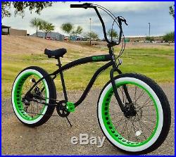 Fat Tire Beach Cruiser Bike Flat Black w Green Wheels 7 SPEED-CUTOUT RIMS