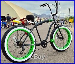 Fat Tire Beach Cruiser Bike Flat Black w Green Wheels 7 SPEED-CUTOUT RIMS