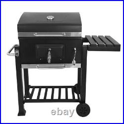 Uk Charcoal Grill BBQ Trolley Wheels Garden Smoker Shelf Side Steel Black